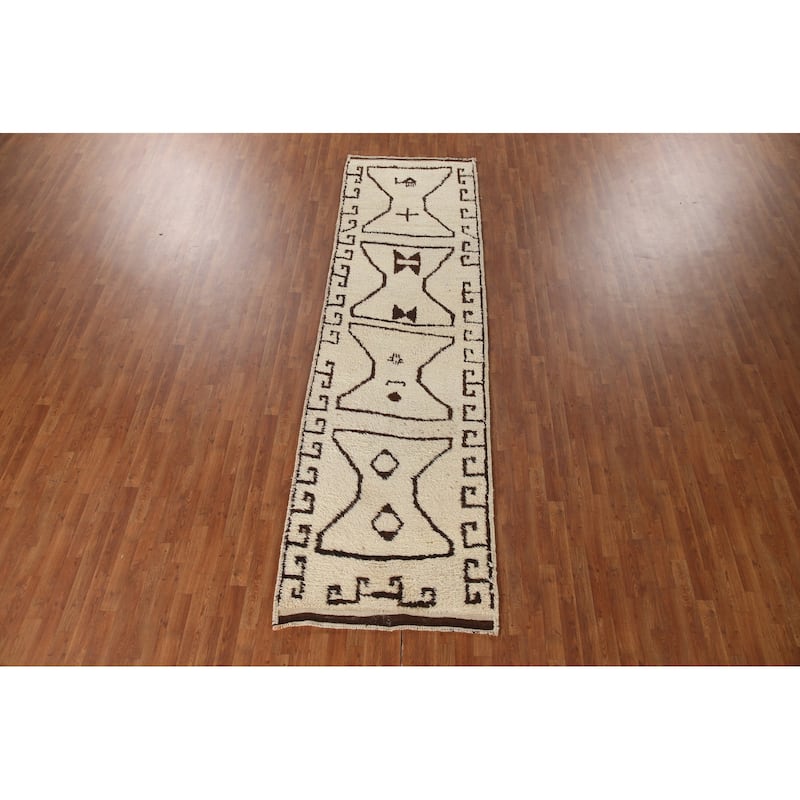 Anatolian Beige Turkish Runner Rug Handmade Geometric Wool Carpet - 3'6"x 12'4"