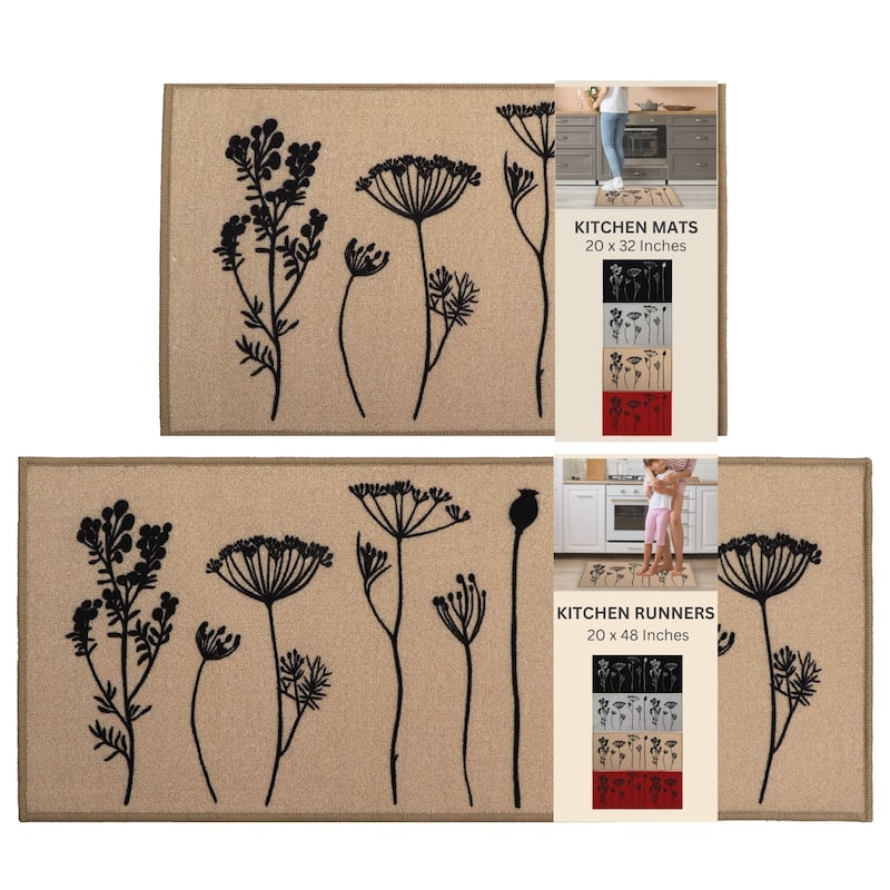 Wool Effect Wildflowers Kitchen Mat or Runner Rug - Set of 2 - Tan/Black
