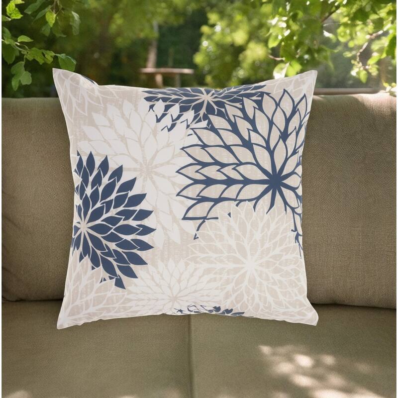20" Beige Blue and Ivory Floral Indoor Outdoor Throw Pillow - 20" x 20" - 20" x 20" - Beige Blue and Ivory