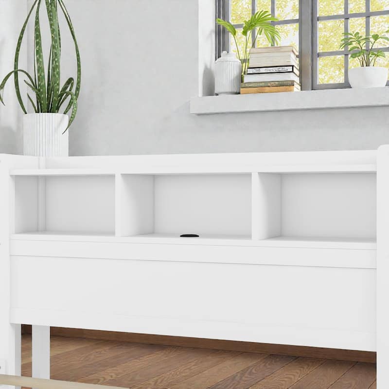 Wood Bed with Storage Headboard, Drawers and Pull Out Cabinet, Twin Full Bed with LED Light and Socket