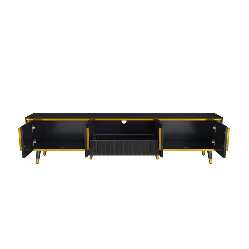 Elegant 79-Inch TV Stand with Ample Storage, Golden Elements, and Sleek Design - Ideal for Large Living Spaces.