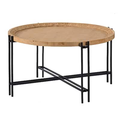 32" X 18" Farmhouse Round Wooden Round Coffee Table With Metal Legs