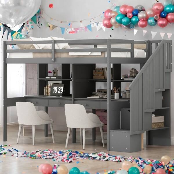 slide 2 of 38, Solid Wood Loft Bed Frame with Storage Staircase and Double Desks and Shelves,Twin Size Gray