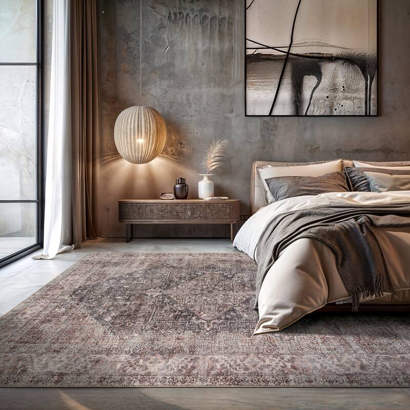 Beige Classic Washable Rug - Flat Pile, Non-Slip, Versatile for Any Room
