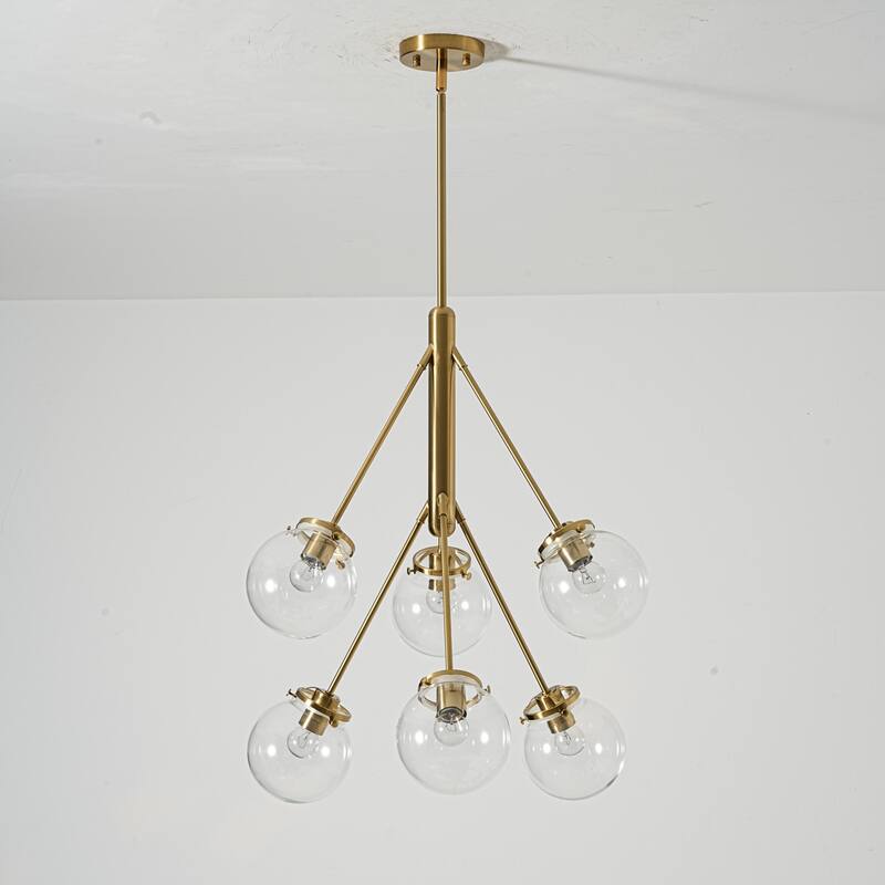 6-Light Modern Glam Sputnik Brass/Matte Black Finish Dimmable Chandelier with Clear Glass Globe for Living & Dining Room - Clear/Gold