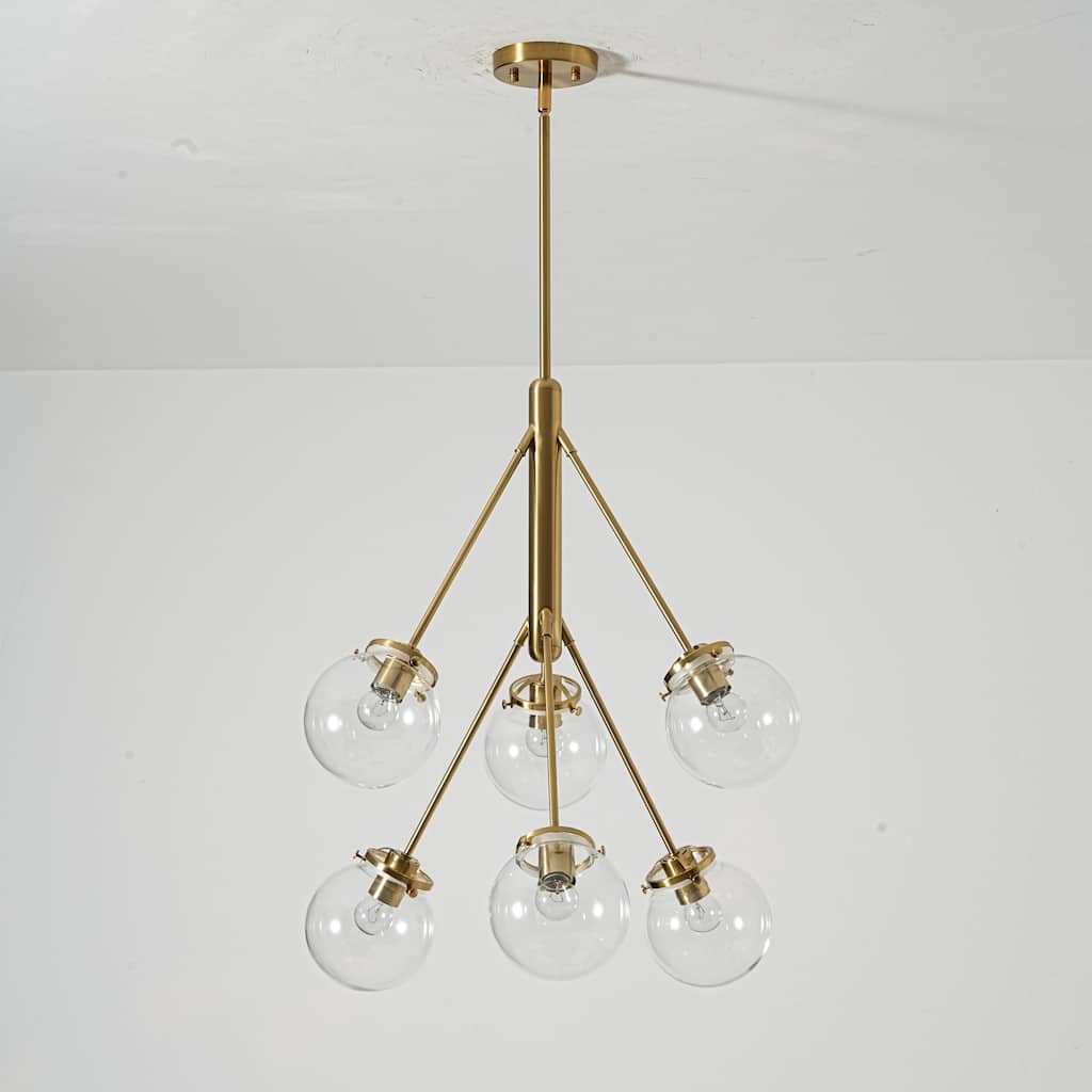 6-Light Modern Glam Sputnik Brass/Matte Black Finish Dimmable Chandelier with Clear Glass Globe for Living & Dining Room