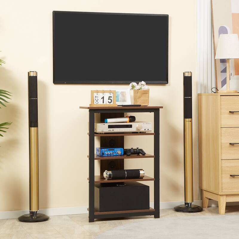 Corner TV Stand with 4 Shelves Steel Frame and Cable Management Modern Space-Saving Entertainment Unit for Living Room - Brown