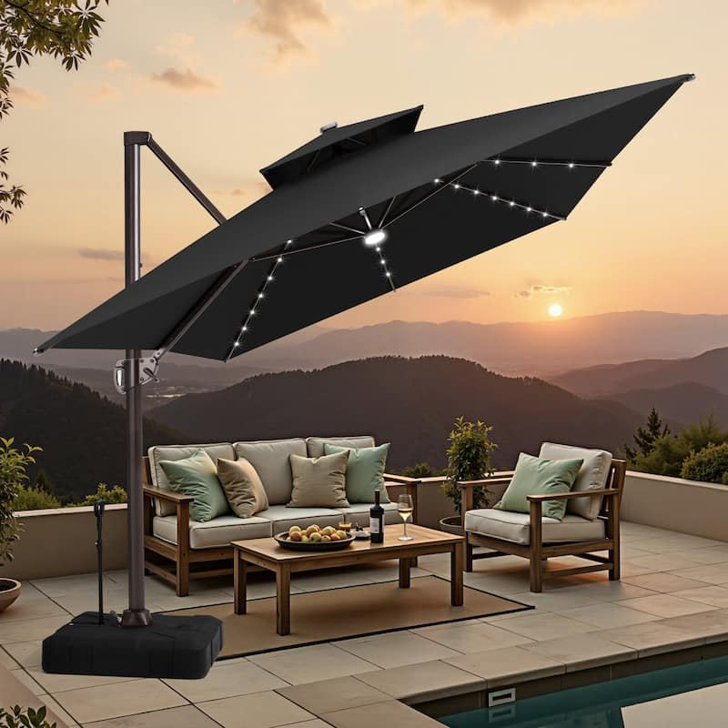 10 FT x 13 FT Outdoor Patio Aluminum Solar LED Lighted Cantilever Umbrella with Base Stand
