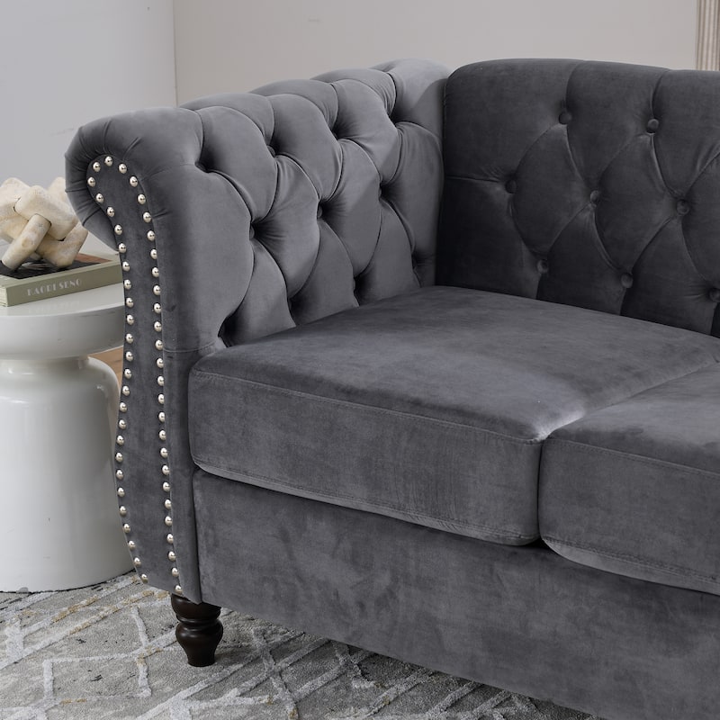 Anmytek Velvet Chesterfield 2-Seater Sofa - Tufted with Rolled Arms Nailhead and 2 Pillows