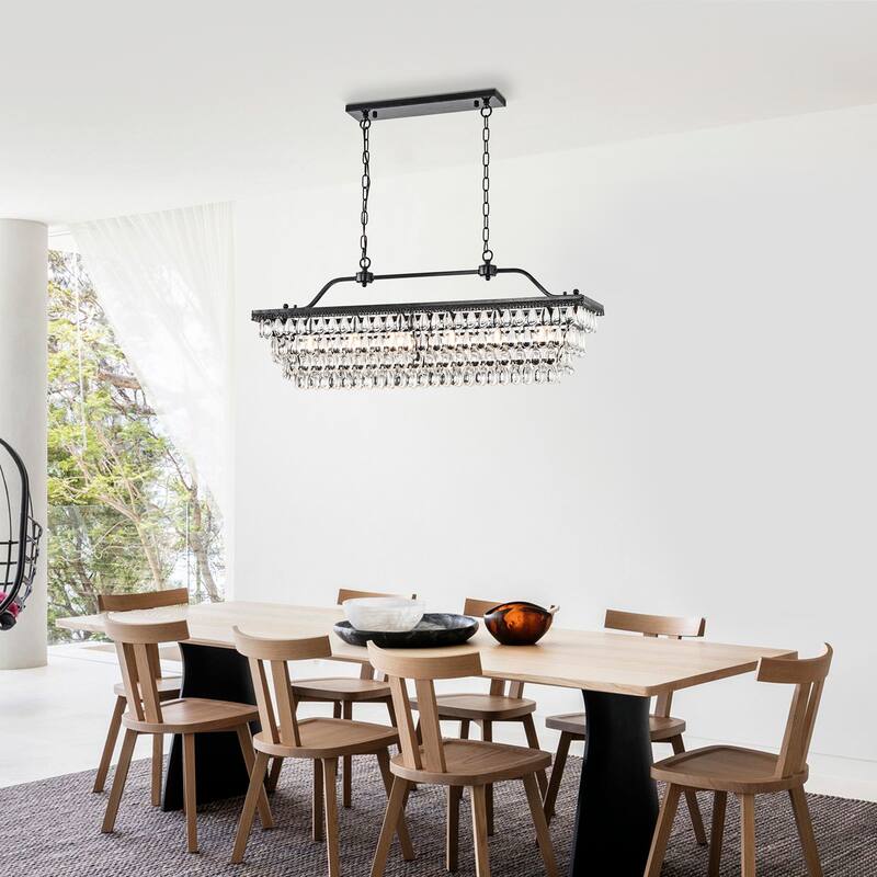 Antique Black 6-Light Rectangular Kitchen Island Lighting with Crystal Hanging