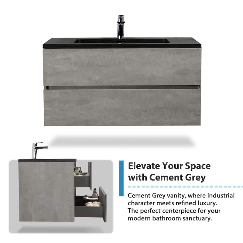 RupheonD 36" 48" Cement Grey Bathroom Vanity with Black Quartz Top