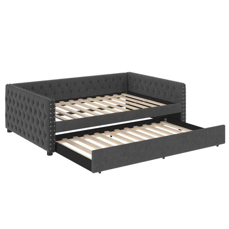 Full Size Daybed Upholstered Tufted Sofa Bed with Twin Trundle and Button & Copper Nail