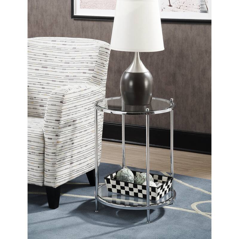 Royal Crest Two Tier Round End Table with Chrome Frame and Glass Shelves, Contemporary Side Table for Living Room Storage - 18