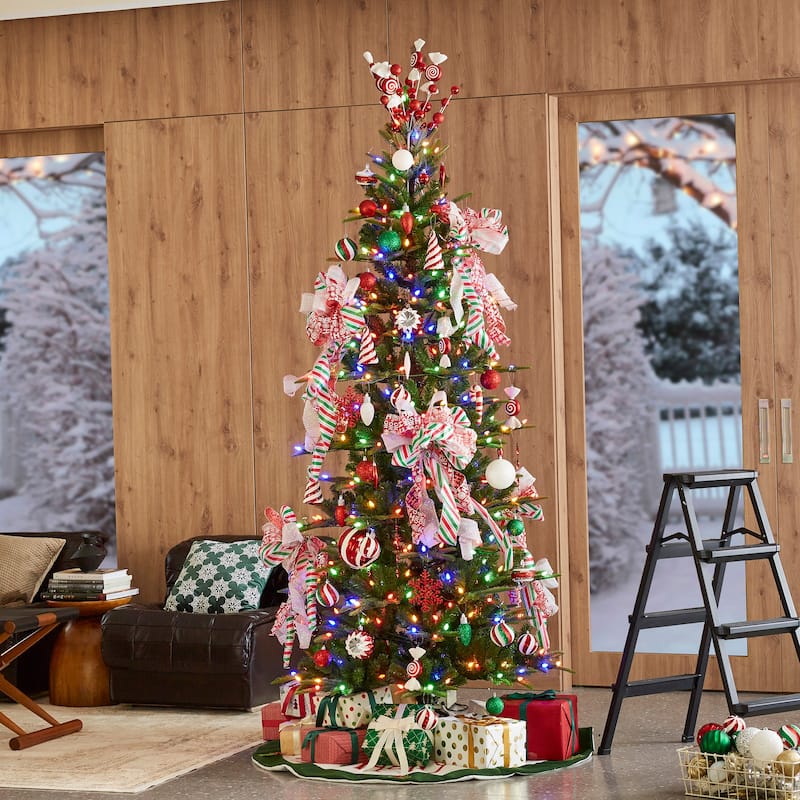 Glitzhome 7.5ft/9ft Pre-Lit Evergreen Slim Fir Artificial Christmas Tree With Strawberry Lights