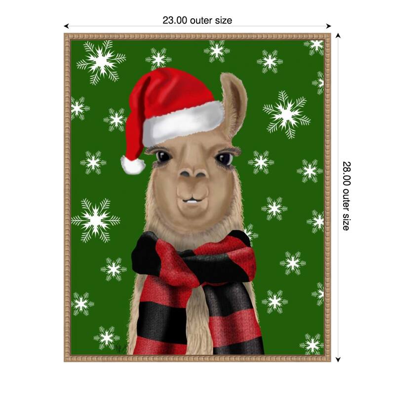 Llama Christmas Hat by Fab Funky (23 x 28 in.), Framed Canvas Wall Art Print - Sylvie Beaded Rustic Natural
