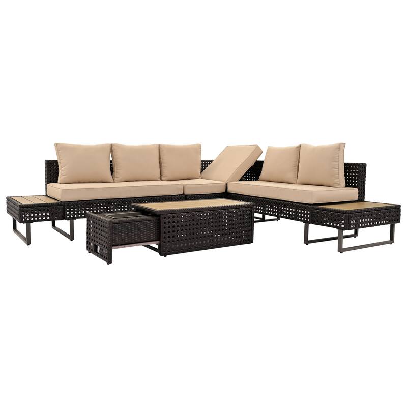 6-Piece Outdoor Patio Rattan Sectional Sofa Set with Adjustable Seat, Side Table, Coffee Table with Ice Bucket