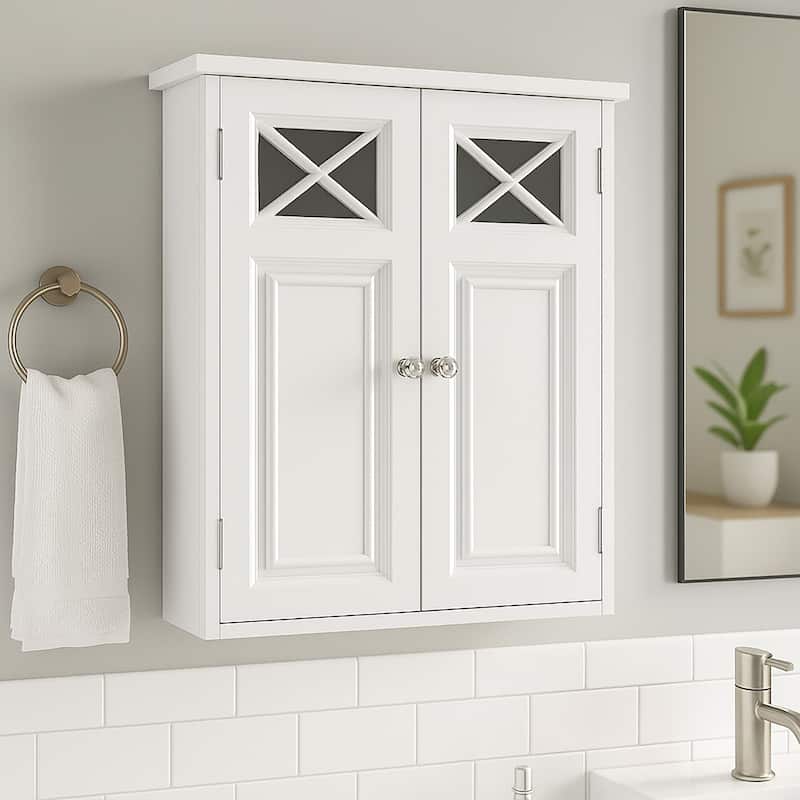 Teamson Home Dawson 2-Door White Bathroom Wall Cabinet, Removable Glass Panel, Adjustable Shelf, Cross Molding Storage