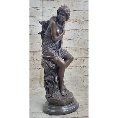 Signed French Roche Fair Maiden Bronze Sculpture Art Deco Marble Base Figurine