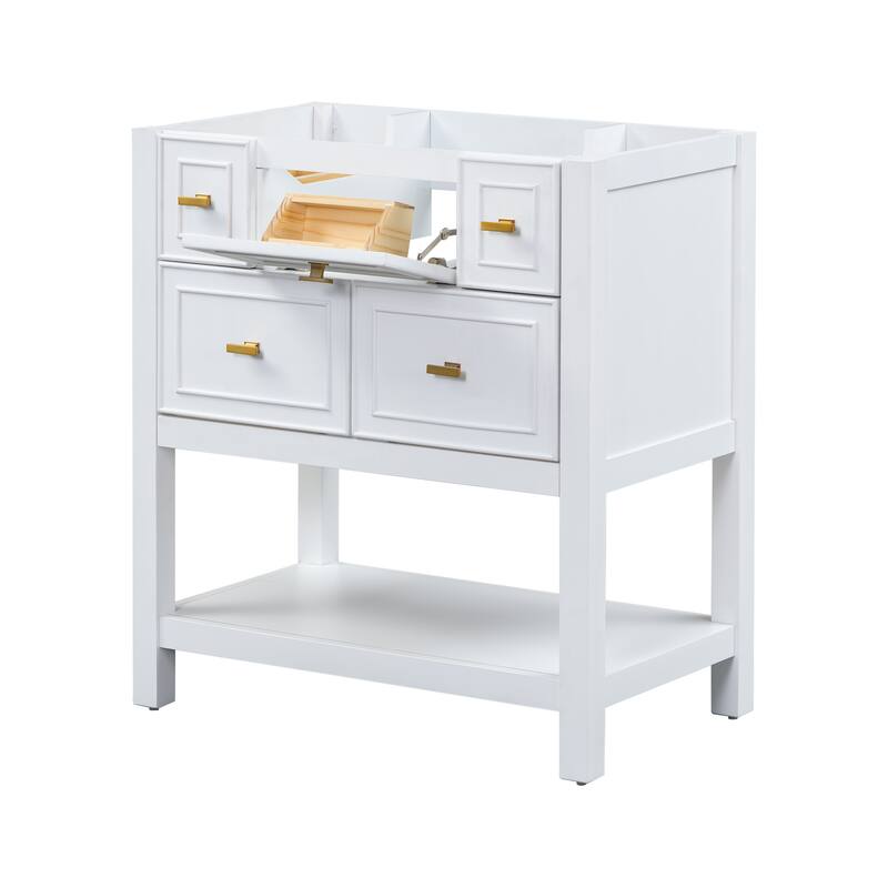 Elegant Bathroom Vanity with Large Storage, Solid MDF Frame, and Painted Finish - White and Gold - 29.56in L