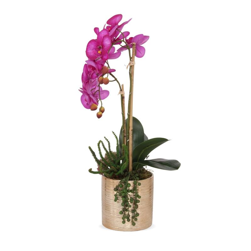 Real Touch Purple Orchids Arrangement in Gold Cylinder Pot