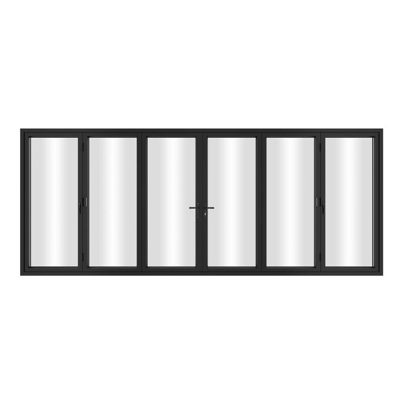 KaMic 192"×80" 6 Panels Aluminum Folding Door In Black,Folded Out From Dual Open Model #:FD6PBK19280-DO