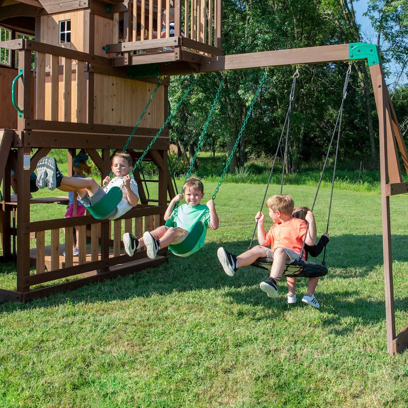 Backyard Discovery Skyfort II Cedar Wood Swing Set, Spiral Tube Slide - 19'5" x 16'9"