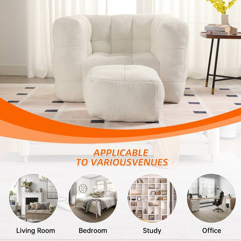 Boucle Upholstered Tufted Modern Non-installation Bean Bag Sofa Chair with Ottoman for Living Room