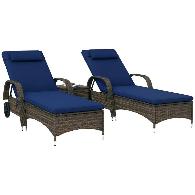 3PCS Wicker Chaise Lounge Set,Adjustable Rattan Chairs,Cushions,Table