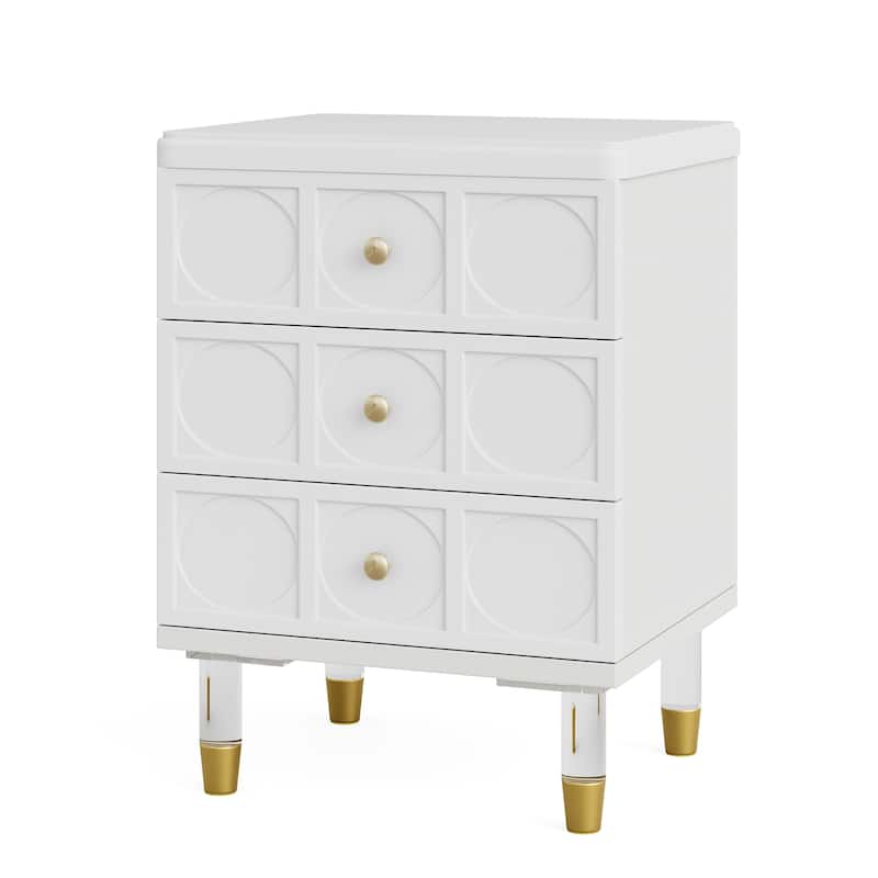 3-Drawer Nightstand Bedside Table,Bedroom Tall Night Stands with White and Gold finish Sofa End Table with Storage