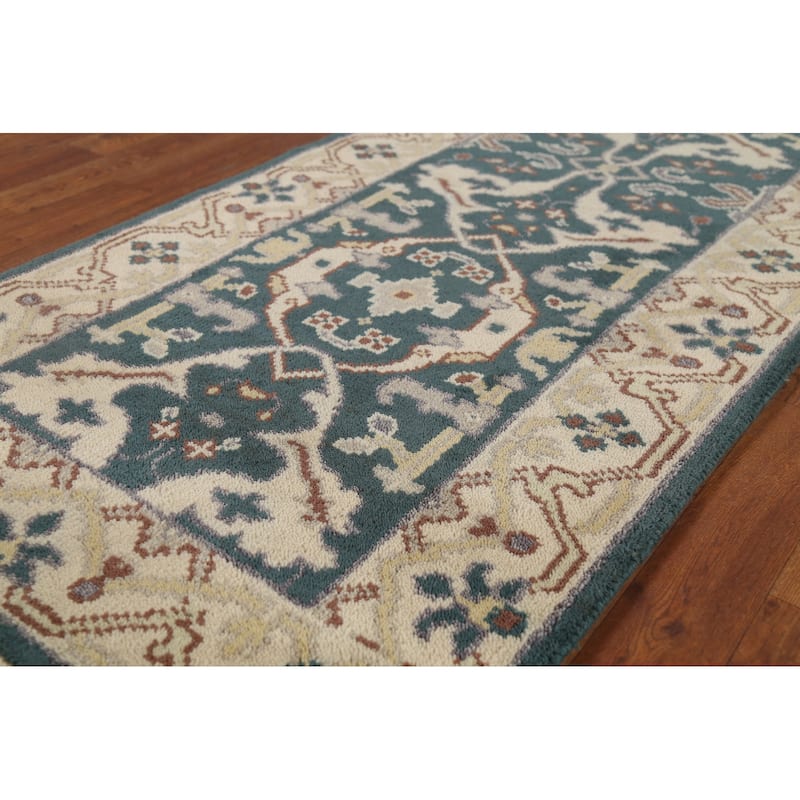 Teal Oushak Indian Runner Rug Hand-Knotted Wool Carpet - 2'7"x 9'11"