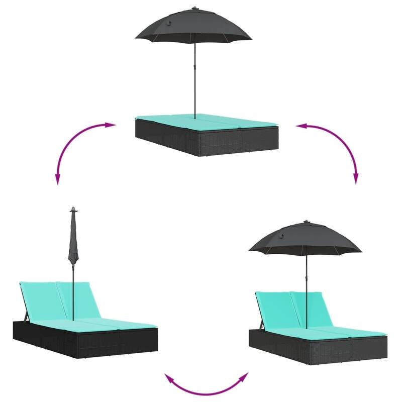 vidaXL Patio Double Sun Lounger&Cushions&Parasol Poly Rattan Brown/Gray/Black - 78.7" x 64.6" x 69.3"