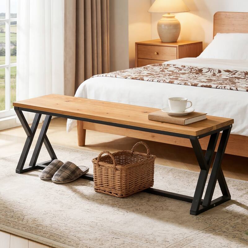 Solid Wood Entryway Bench With Metal Legs