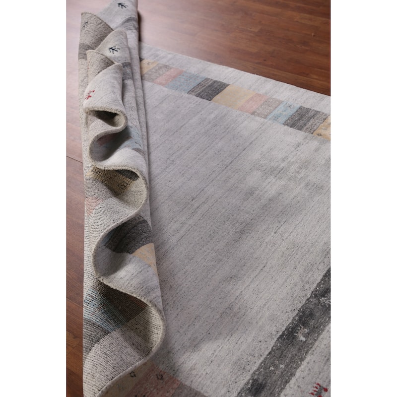 Tribal Gabbeh Indian Area Rug Hand-Knotted Grey Wool Carpet - 5'4" x 7'8"