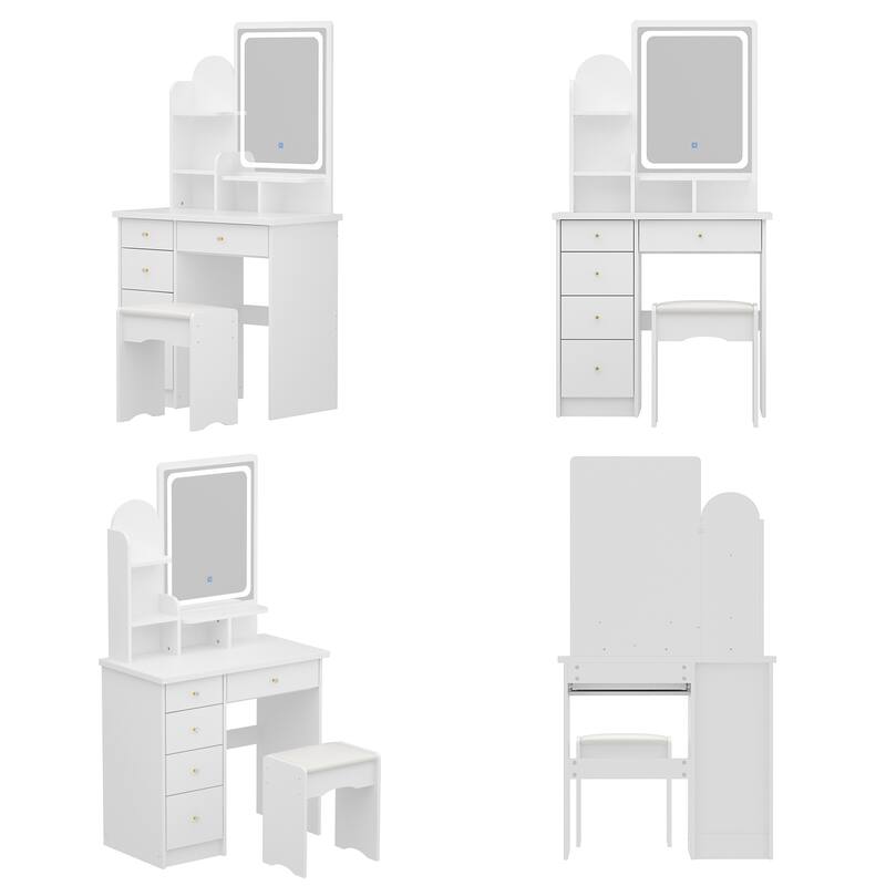 Makeup Vanity Set wi/Lighted Mirror, Storage Shelves and Drawers White - 31.5"L x 15.7"W x 55.1"H