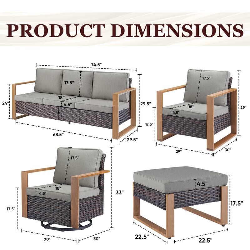 Gymojoy Outdoor Swivel Chair with Sofa, Club Chair and Ottomans - Brown