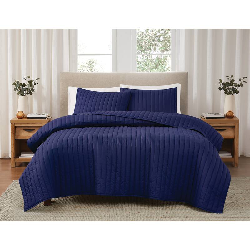 Brooklyn Loom Solid Cotton Percale Quilt Set - King - Blue - 3 Piece