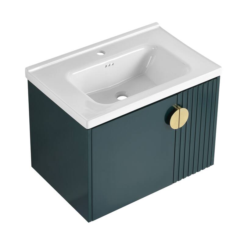 Floating Bathroom Vanity Cabinet with Pre-Drilled Ceramic Sink and Multiple Handle Options - 27.75in L - Green