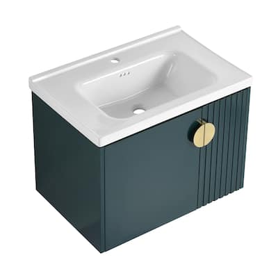 Floating Bathroom Vanity Cabinet with Pre-Drilled Ceramic Sink and Multiple Handle Options - 27.75in L