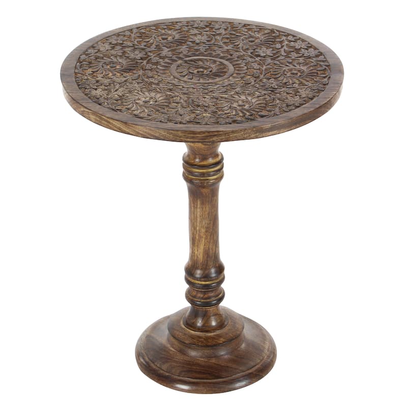 Mango Wood Elephant Handmade Intricately Carved Accent Table with Turned Base - Dark Brown - Roche River Decor