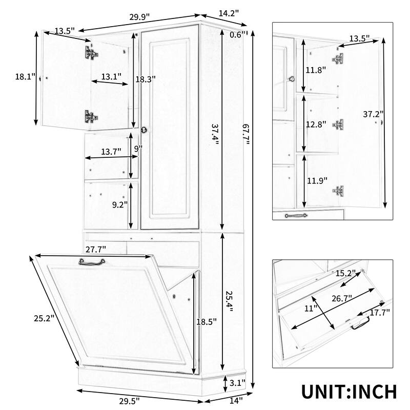 Roomfitters 67" Tall Storage Cabinet with Flip-Out Basket & Adjustable Shelves, MDF Linen Tower for Bathroom & Office