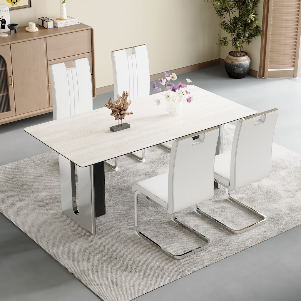 Set of 4 white PU material bow-shaped chairs - Adding fashion to minimalist and contemporary home styles, with product