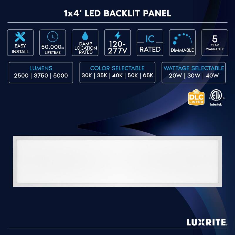 Luxrite 1x4 FT LED Panel Light, 5CCT 3000K - 6500K, 20W/30W/40W, 5000 Lumens, 0-10V Dimmable 2 Pack