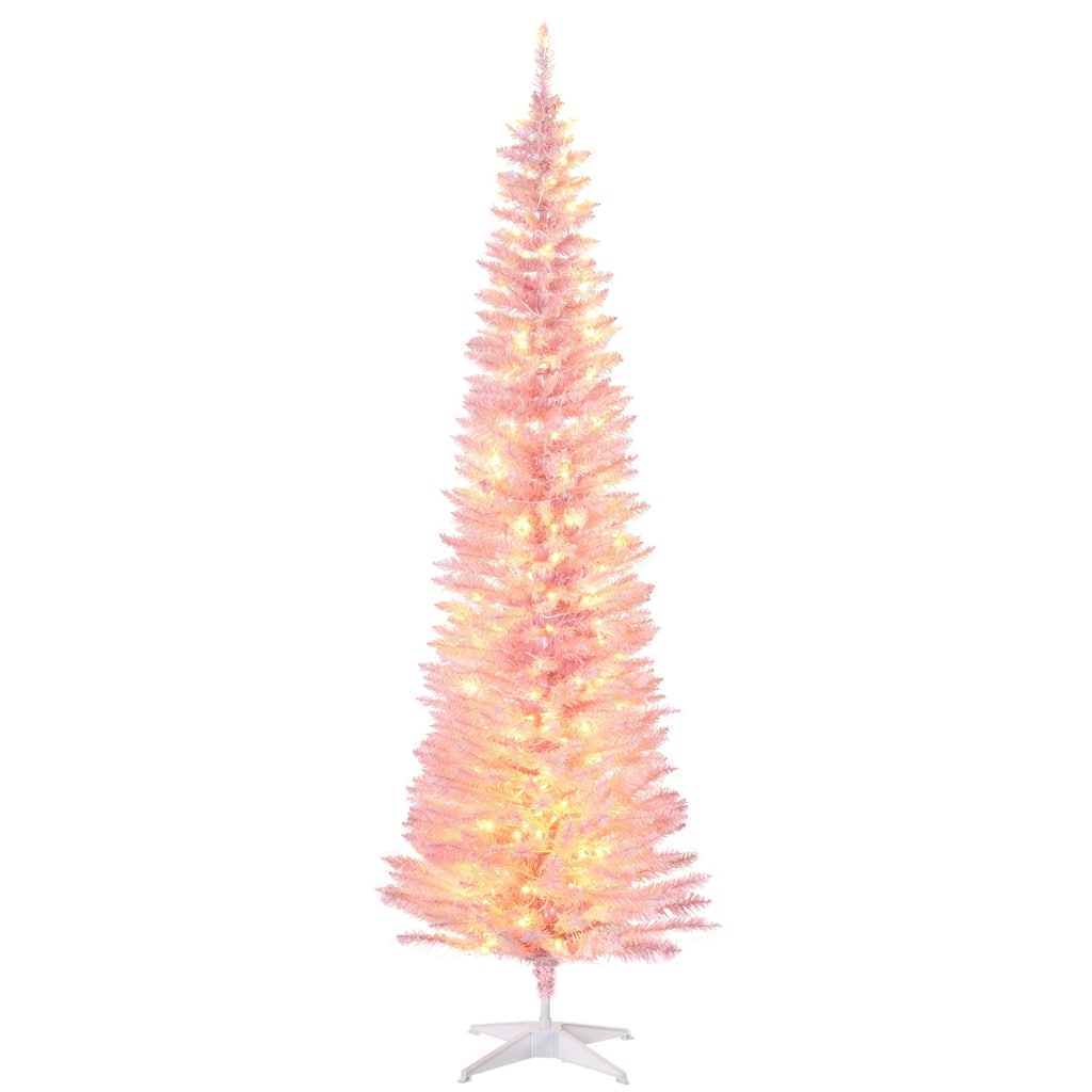 HOMCOM Pre-Lit Slim Noble Fir Tree - Warm White LED Lights, Pink, Holiday Decor - Pink
