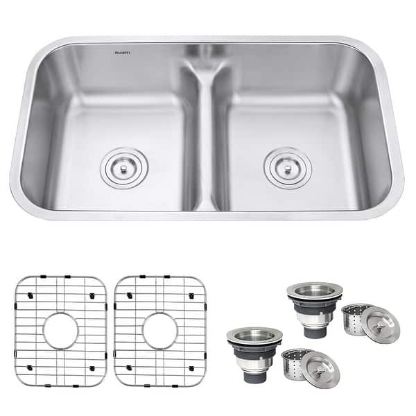 slide 2 of 11, Ruvati 32-inch Low-Divide 50/50 Double Bowl Undermount 16 Gauge Stainless Steel Kitchen Sink - RVM4350 - 32-1/4″ x 18-7/8″