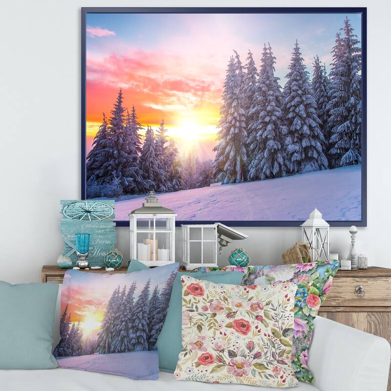 Designart "Winter Sunset in Bulgaria" Landscape Photo Framed Canvas Art Print