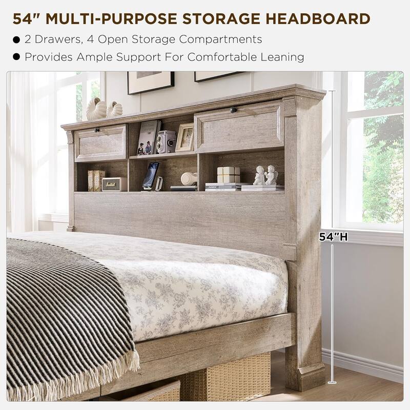 Farmhouse King Size Bed Frame with 54" Tall Storage Bookcase Headboard