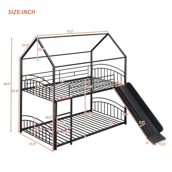 Twin Over Twin Metal Bunk Bed with Slide, Featuring Playful House Design