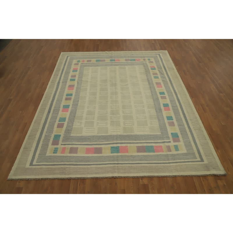 Hand Woven Oriental 100% Wool Carpet Southwestern Tribal Beige & Ivories Kilim Area Rug - 9' 9'' X 7' 10''