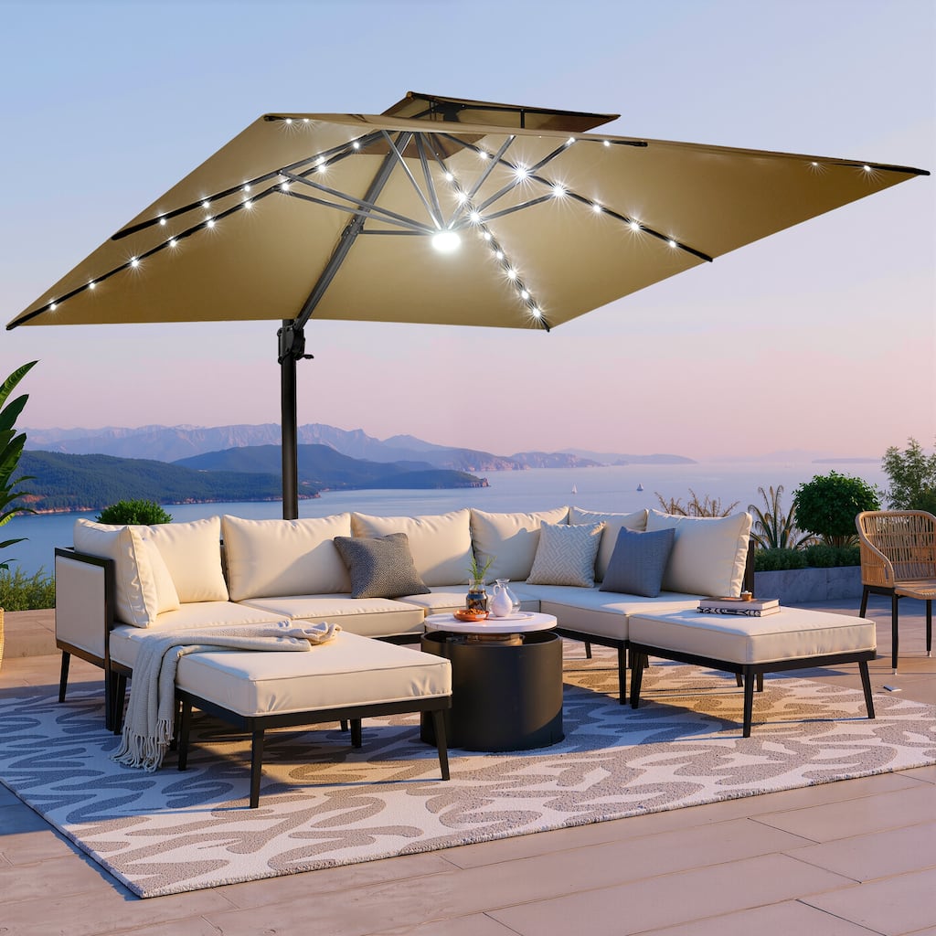 VredHom Solar LED Light 11FT Square Outdoor Cantilever Patio Umbrella without Base