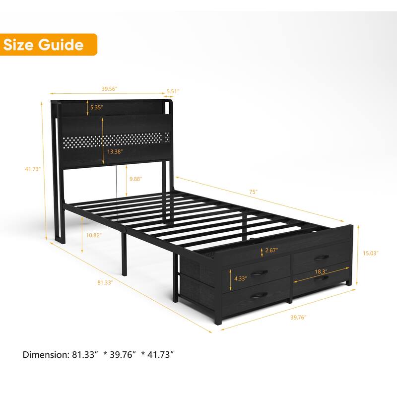Twin Size Metal Platform Storage Bed Frame with Lights Strips Headboard, Charging Station 2 Plug Outlets 2 USB Ports 4 Drawers